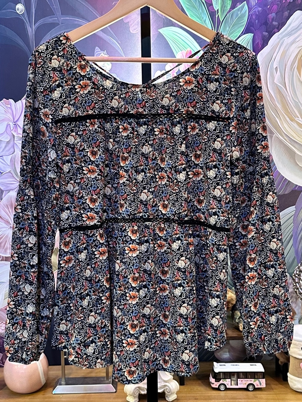 Knox Rose M Floral Peplum Blouse Long Sleeve Lace Trim Boho Romantic Black